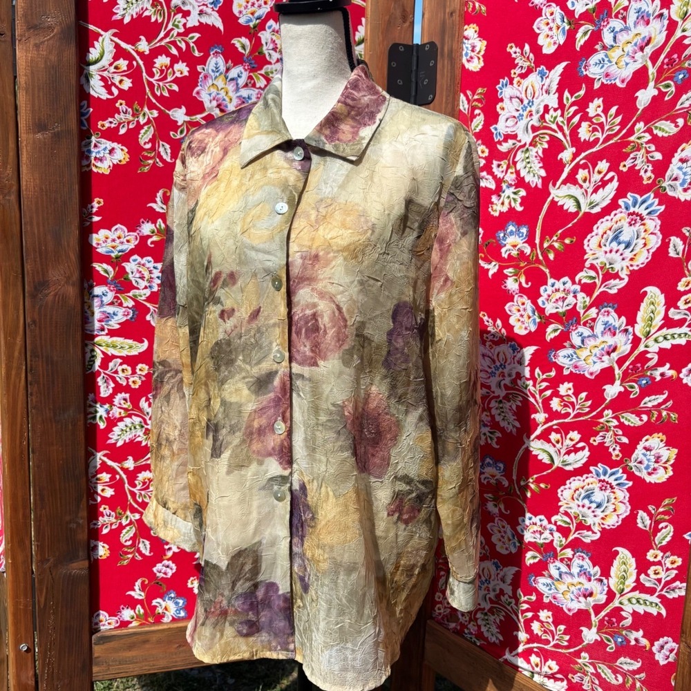 Vintage 90s Crinkle Chiffon Floral Ethereal Whimsigoth Oversize Button Up Blouse - Picture 13 of 15